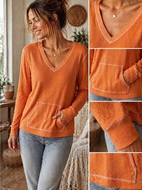 Lizwear Orange Waffle Knit Thermal Top V-Neck Kangaroo Pocket Cozy Size M